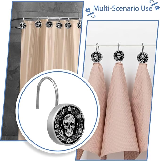 12 Packs Gothic Skull and Floral Shower Curtain Hooks, Stainless Steel Glass Shower Curtain Rings for Bathroom Decor, Metal Rustproof Curtain Rod Hooks