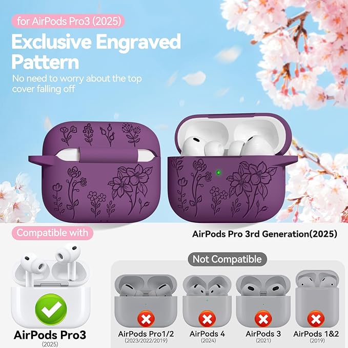 for Airpods Pro 3 Case, Flower Engraved Case Cover Compatible with AirPods Pro 3rd Generation 2025, Soft Silicone Cases with Cute Keychain & Cleaner for Women Girly, Shockproof