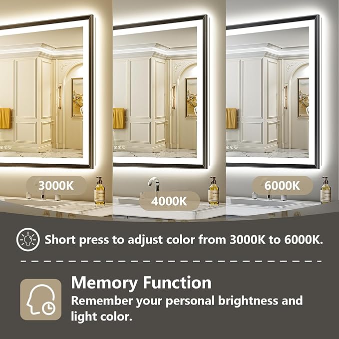 51x32 Black Framed LED Bathroom Mirror with Lights, Backlit and Front Light, Lighted Bathroom Vanity Mirror for Wall Dimmable Anti-Fog Memory Tempered Glass Horizontal/Vertical