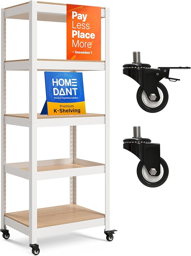 HOMEDANT House White 5-Tier Metal Rolling Cart Shelf Rack Casters Heavy Duty Wheel Shelving Unit Adjustable Utility Storage Shelves Organizer Shelf Kitchen Garage 24.4" W x 16.5" D x 62.2" H 1Pack