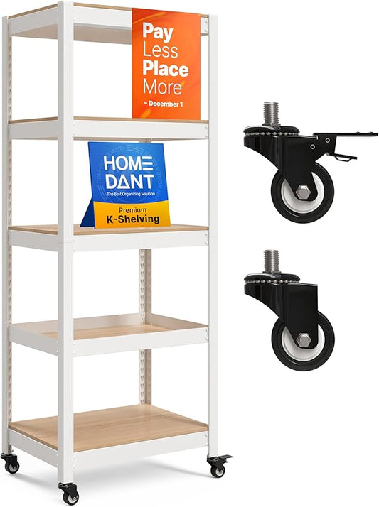 HOMEDANT House White 5-Tier Metal Rolling Cart Shelf Rack Casters Heavy Duty Wheel Shelving Unit Adjustable Utility Storage Shelves Organizer Shelf Kitchen Garage 24.4" W x 16.5" D x 62.2" H 1Pack