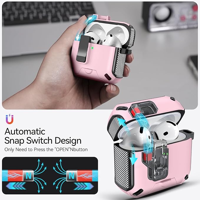 for AirPods 4 Case (2024) with Phone Stand,（with Automatic Snap Switch） Carbon Fiber Design Protection Cover with Cleaning Pen,Pink