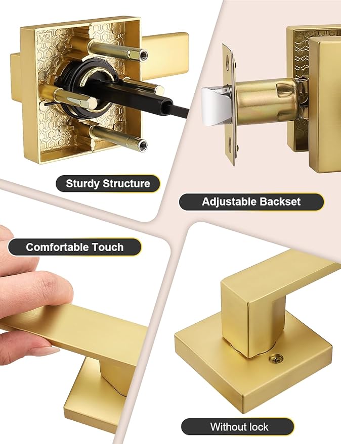 6 Pack Gold Keyless Square Levers Handles, Satin Brass Finish, Interior Passage Door Locksets for Hall Closet Door Knobs Lock Reversible Right & Left Handed