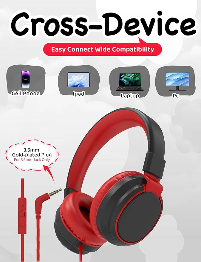 MIDOLA Volume Limited 85/110dB Kids Headphone Over-Ear/On-Ear Foldable Sound Noise Protection Headset with Inline AUX 3.5mm Cord w/Mic for Child School Cellphone Pad PC Notebook Black