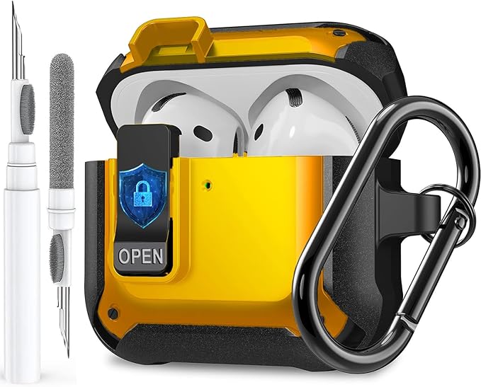 for Airpods 4 Case with Lock Clip, Rugged Apple Airpods 4th Generation Cover 2024 Men Women, Armor Shockproof iPod 4 Gen Protective Hard Shell with Carabiner&Cleaner kit,Black/Yellow