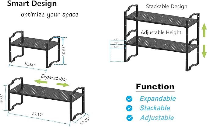 Expandable Shelf for Cabinet Organizer Adjustable Stackable Spice Rack at Kitchen and Bathroom More,Metal Plate with Hole (2 Packs/Black, Large)