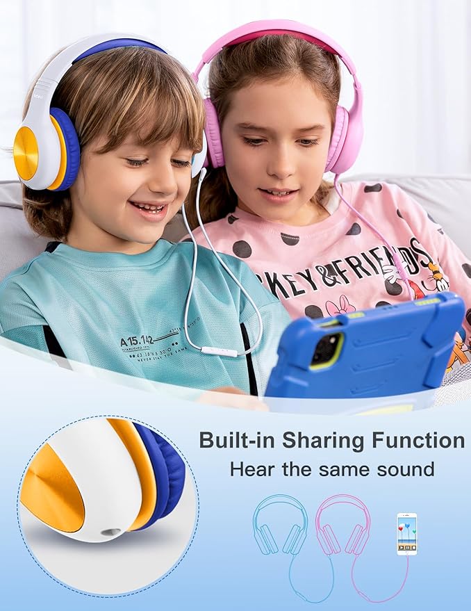 Kids Headphones with MIC, Over-Ear Headphones for Kids with Cord, HD Sound, Safe Volume Limit, Sharing Function, Kid Headset for Boys Girls, Toddler Headphone for School, Tablet, White Orange