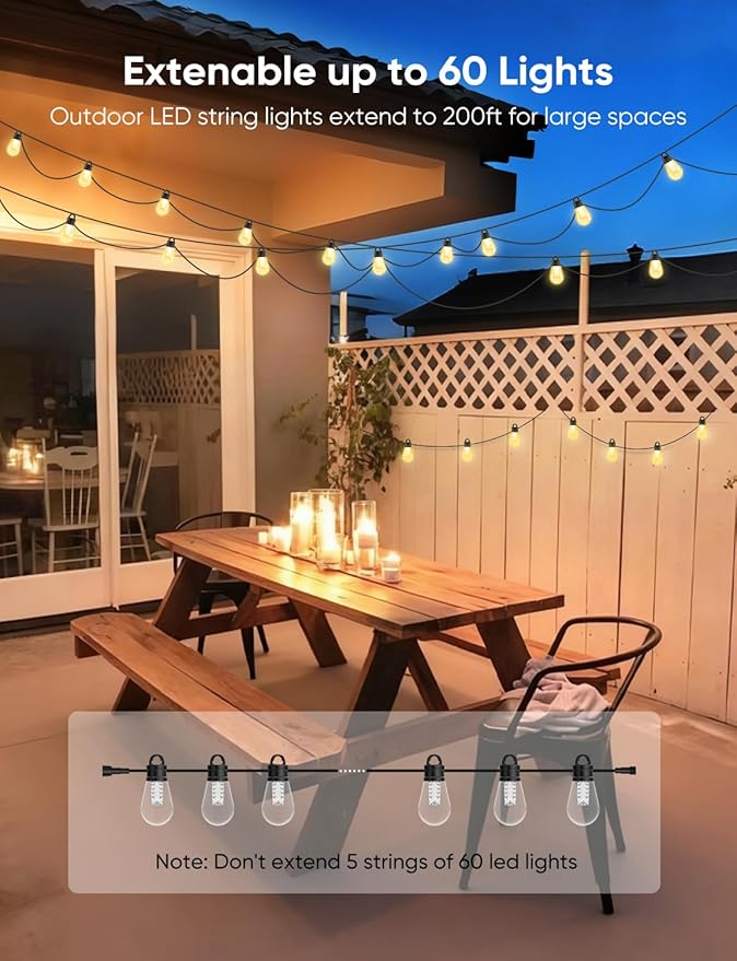 APPECK Smart Outdoor String Lights, 50ft RGBW Outdoor Patio Lights with 15 LED Bulbs, Extendable, 111 Scene Modes, IP65 Waterproof Lighting for Outside, Halloween Decor, Compatible with Alexa