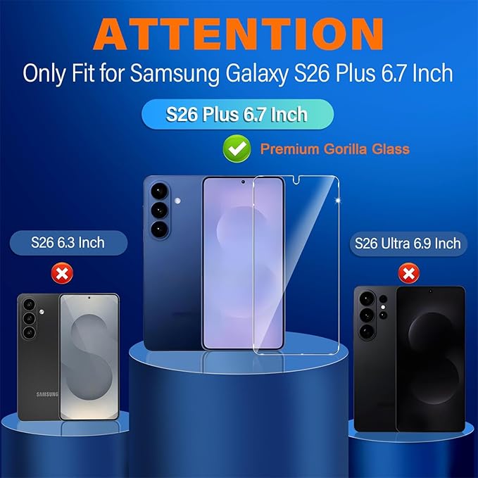 3 Pack for Samsung Galaxy S26 Plus Screen Protector Tempered Glass + 3 Pack Camera Lens Protector, Military Grade Shatterproof, 9H Hardness, Fingerprint Unlock, Case Friendly 6.7 Inch