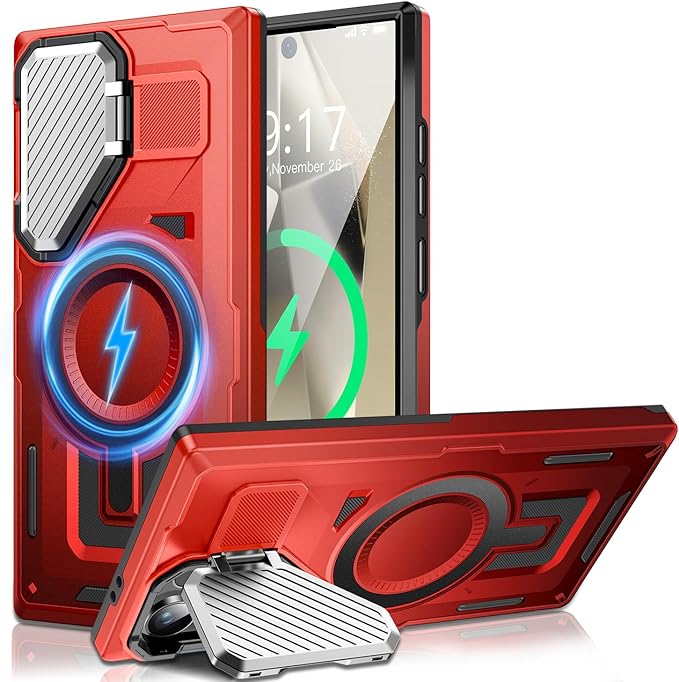 Camera Stand Case for Galaxy S25 Ultra, [Compatible with MagSafe][Lens Cover] 2024 Version Military Grade Protective Soft Case for Samsung Galaxy S25 Ultra 6.86" Men Women, Red