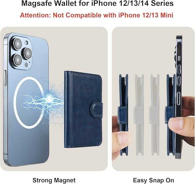 Bocasal for MagSafe Wallet Magnetic Card Holder, RFID Blocking Leather Card Slots for iPhone 17/16/15/14/13/12 Pro/Max/Plus/Air, Adjustable Kickstand Flip Mag Safe Wallet (Blue)