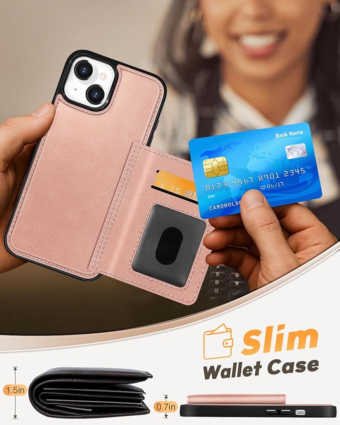 for iPhone 15 Plus Case with Wallet - Fits 4 Card Slots, Compatible with MagSafe for Women Aesthetic Durable PU Leather Credit Card Holder Kickstand Phone Cover for Apple 15 Plus, Rose Gold