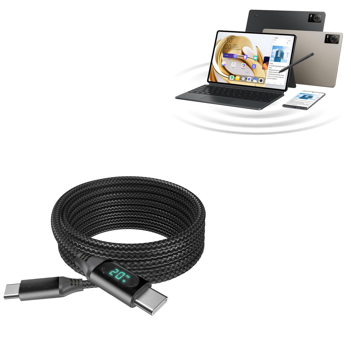 BoxWave Cable Compatible with ZTE Axon Pad - PowerDisplay PD Cable (6ft) - USB-C to USB-C (100W), LED Wattage Info Extra Long Braided Nylon - Jet Black