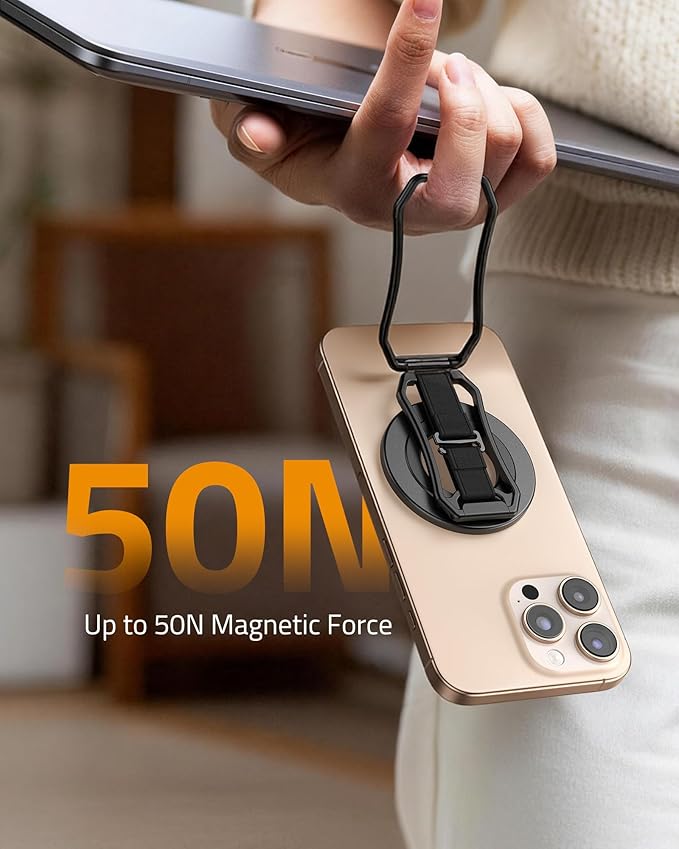 4-in-1 Magnetic Phone Grip Mount Stand with Finger Loop, Phone Ring Holder, Strap, Kickstand for MagSafe - Compatible with iPhone 17, 16, 15, 14, 13, 12, Plus, Pro, Max, Air