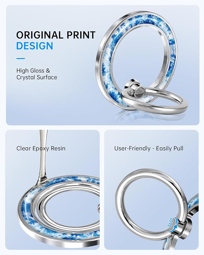 Magnetic Phone Ring Holder Compatible with MagSafe - Cell Phone Grip Magnet Removable Finger Ring Grip Stand Cute Girly Kawaii Design for iPhone 17 Pro Max 16 15 14 13 12 Series Unique Blue
