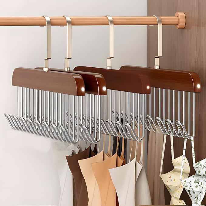 4 Pack Wooden Tie Hanger,Belt Racks with Hooks,Tank Top Hangers,Bra Hanger for Closet Space Saving Wood Hangers,Closet Organizers and Storage for Belts/Bras/Tank Tops/Ties/Scarves/Purses