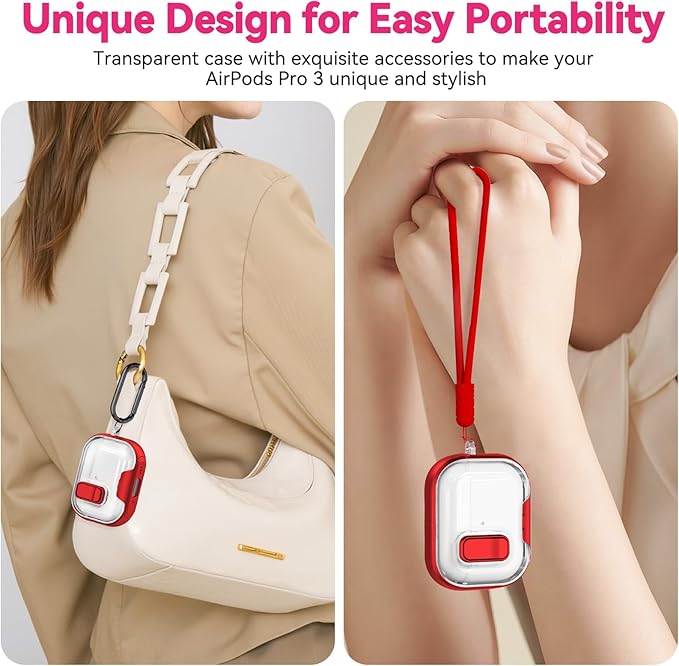 for Airpods Pro 3 Case 2025, Anti-Yellowing Clear Case for Airpods Pro 3 with Secure Lock & Phone Stand, Soft TPU Drop Protection Cover with Cleaning Kit (Red)