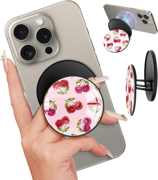 Kidcube Magnetic Phone Grip Compatible with Magsafe - Cell Phone Grip Stand Magnetic Ring Holder Finger Kickstand for iPhone 17 16 15 14 13 12 Series Magnet Removable Accessories Cute Girly Cherry