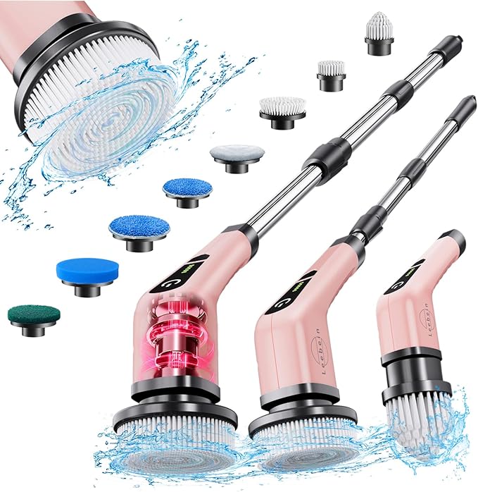 Leebein Electric Spin Scrubber, Cordless Powerful Scrub Brush for Cleaning Bathroom, Kitchen, Shower Tub and Floor Tile with Adjustable Extension Long Handle and 8 Replaceable Brush Heads(Rose)
