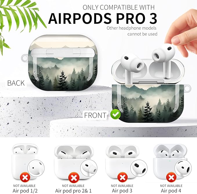 Compatible with AirPod Pro 3rd Generation Case 2025,Fashion Protective Cover with Keychain, Anti-Scratch, Drop Protection,Shockproof Cover for AirPod Pro 3 Women(Misty Forest)