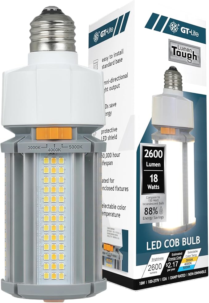 GT-Lite Commercial LED COB Light Bulb,9W/12W/18W, 2600 Lumens, E26 Base, Adjustable Brightness(3000K–5000K), Damp Rated, Energy-Efficient, for Workshop, Warehouse, High Bay E26 Fixtures
