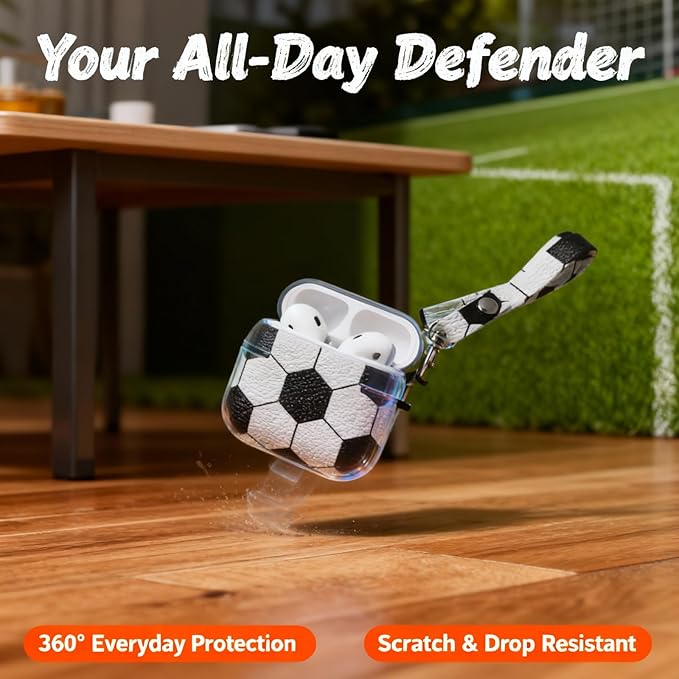 for Airpods 4 Case Cover,Leather Sport Ball Design - Full Protective Hard Case with Lanyard, Front LED Visible Skin Accessory for Men Women-Model A3058/A3059,Soccer