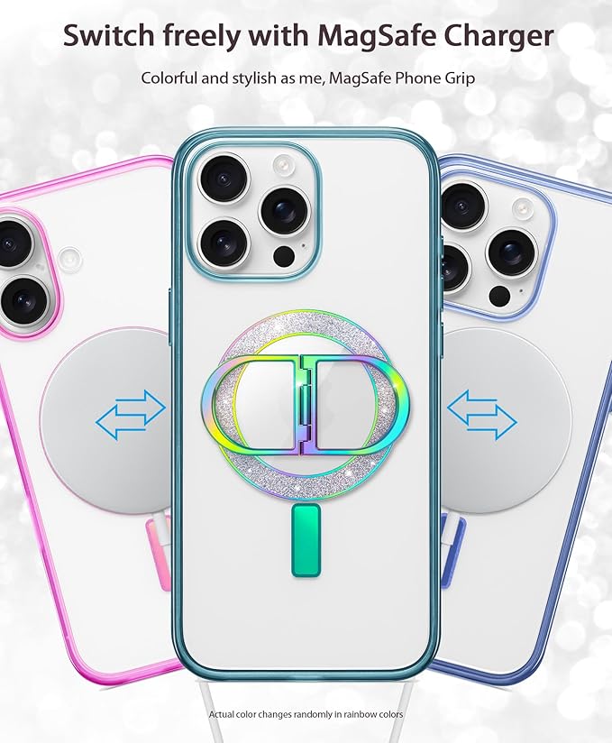 Magnetic Phone Grip for MagSafe Ring Holder Twinkle Finger Kickstand, Transparent Magnetic Phone Ring Grip for iPhone 16 15 14 13 12 Pro Max Plus & Android (Colorful)