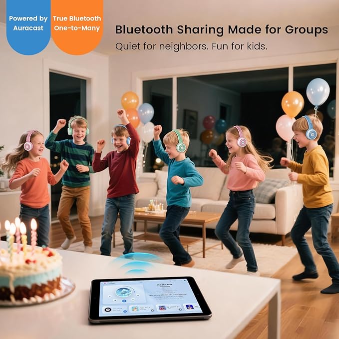 SIMOLIO Auracast Kids Headphones with Wireless Audio Sharing for Group Listening - Connect Multiple Headsets to One Bluetooth Source, Built-in Microphone, Foldable for Classroom, Trips & Home