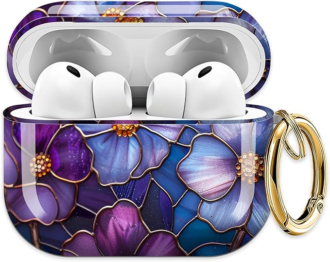 Cute Hard Case Compatible with AirPods Pro 3rd Generation Case (2025), Shockproof Protective Cover with Golden Keychain Ring Clip (Purple Flower)