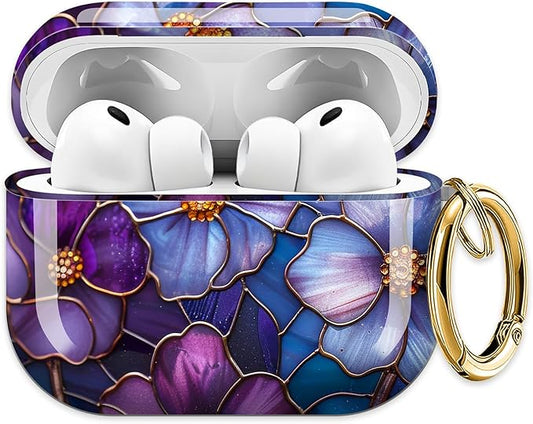 Cute Hard Case Compatible with AirPods Pro 3rd Generation Case (2025), Shockproof Protective Cover with Golden Keychain Ring Clip (Purple Flower)