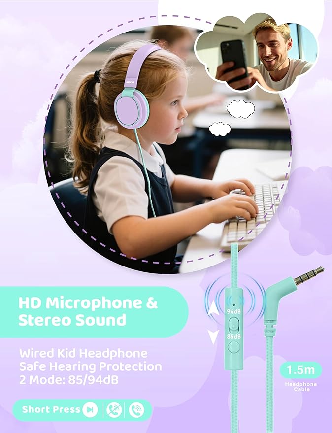 MIDOLA Headphone Kids Volume Limited 85/110dB Wired Over-Ear/On-Ear Foldable Headset with Inline Cable AUX 3.5mm Cord Mic for Boy Girl Child PC Notebook Tablet Light Purple