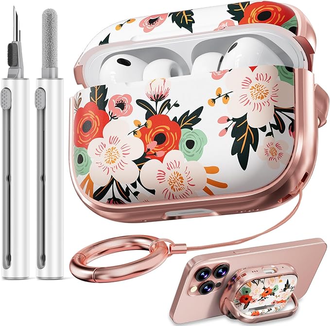 Inesore for AirPods Pro 3 Case 2025 with Lock, for Women Girly Floral Cute Case Compatible with Apple Airpods Pro 3rd Generation Cover, with Phone Stand,Keychain & Cleaner Kit -White Peony