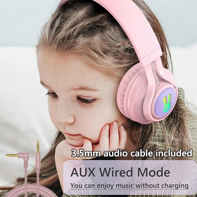 Kids Bluetooth Headphones,85db Volume Limit,Hearing Protection,Wireless Headphones with Mic,Music,Chat,Kids Mode,Normal Mode,Wireless and Wired,LED Light,for Children Adults,Pink