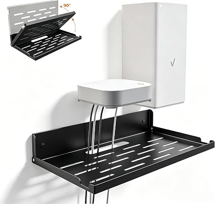 Foldable Wall Mount Router Shelf 14" W x 8" D Metal WiFi Modem Holder with Cable Hole & Heat Vents, Space Saving Floating Wall Bracket for Router, Modem, TV Box, Mini Projector