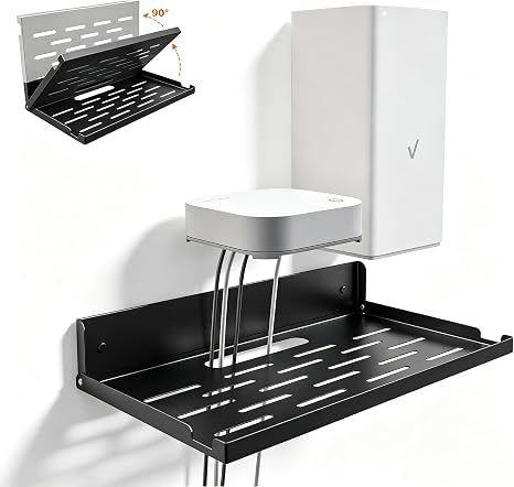 Foldable Wall Mount Router Shelf 14" W x 8" D Metal WiFi Modem Holder with Cable Hole & Heat Vents, Space Saving Floating Wall Bracket for Router, Modem, TV Box, Mini Projector
