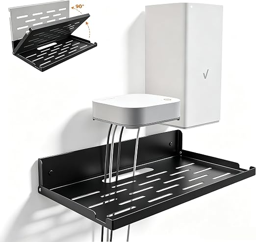 Foldable Wall Mount Router Shelf 14" W x 8" D Metal WiFi Modem Holder with Cable Hole & Heat Vents, Space Saving Floating Wall Bracket for Router, Modem, TV Box, Mini Projector