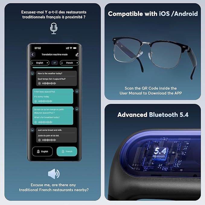 AI Smart Wireless Bluetooth Translation Glasses for Men/Women with Speakers/Bluetooth&140+ Languages Translation Sports/Travel/Drive/Busniess (E8+AI+Color Change Lenses+Silver)