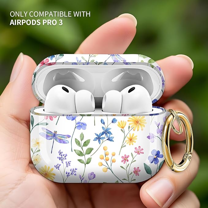 Cute Hard Case Compatible with AirPods Pro 3rd Generation Case (2025), Shockproof Protective Cover with Golden Keychain Ring Clip (Watercolor Flowers)