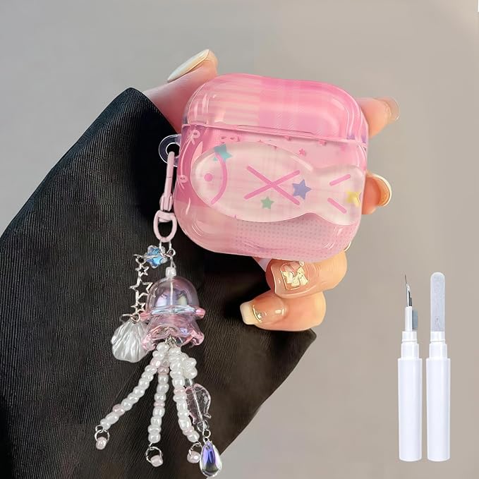Compatible with AirPods 4 Case with Cleaner Kit, Cute Cartoon Fish Star Keychain Soft TPU Shockproof Cover for Airpods 4th Generation -Pink
