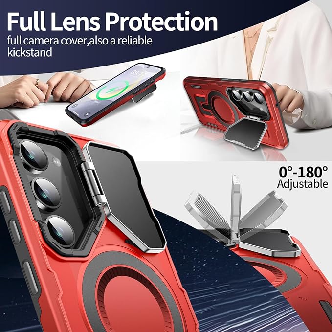 Camera Stand Case for Galaxy S23, [Compatible with MagSafe][Lens Cover] 2024 Version Military Grade Protective Soft Case for Samsung Galaxy S23 6.1" Men Women, Red