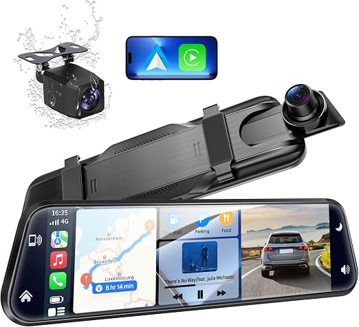 10" Mirror Dash Cam with Android Auto&Carplay 2.5K Rear View Mirror Camera