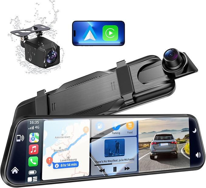 10" Mirror Dash Cam with Android Auto&Carplay 2.5K Rear View Mirror Camera