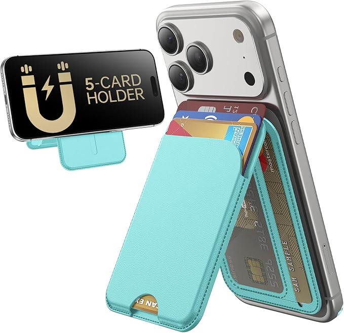 for MagSafe Wallet, 5 Cards Holder with Stand, Magnetic Phone Wallet Stand for iPhone 17/16/15/14/13/12 Pro Max Air Plus Series, RFID Blocking Vegan Leather,Cyan Blue