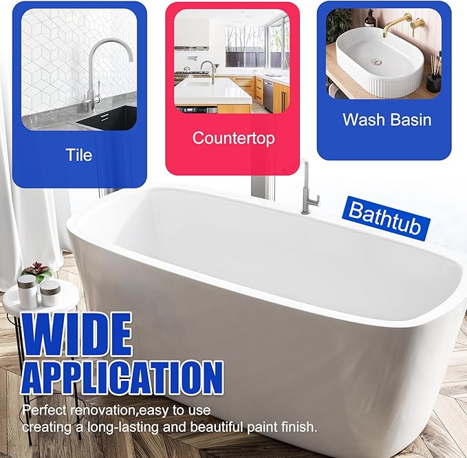 Tub and Tile Refinishing Kit - 35oz Semi-Gloss White Tile Paint with Tools for Bathtub Sink Countertop for Bathroom Kitchen, Bathtub Paint for Ceramic, Porcelain Fiberglass, Low Odor, 50-60 sq.ft