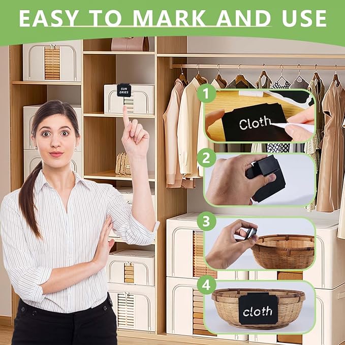 SenseYo 64 Pack Clip On Basket Labels Tag for Storage Bins with Chalk Markers for Storage Basket Holder (Black)