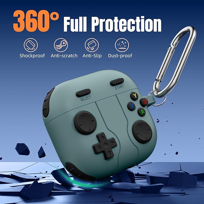 Getino Game Case for AirPods 4 2024 Cover with Cleaner Kit, Keychain, Compatible with Apple Airpods 4 Case Covers, Cute Funny Shock-Proof Protective Silicone AirPod 4 Cases for Men Boy-Pine Green
