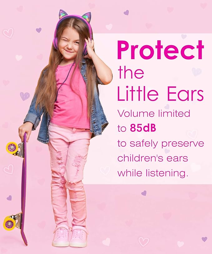 FosPower Kids Headphones with LED Cat Ears (85dB Safe Volume Limit), 3.5mm Soft On-Ear Wired Headphones with Tangle-Free Laced Cables for iPad/Tablet/School/Travel - Hot Pink/Purple