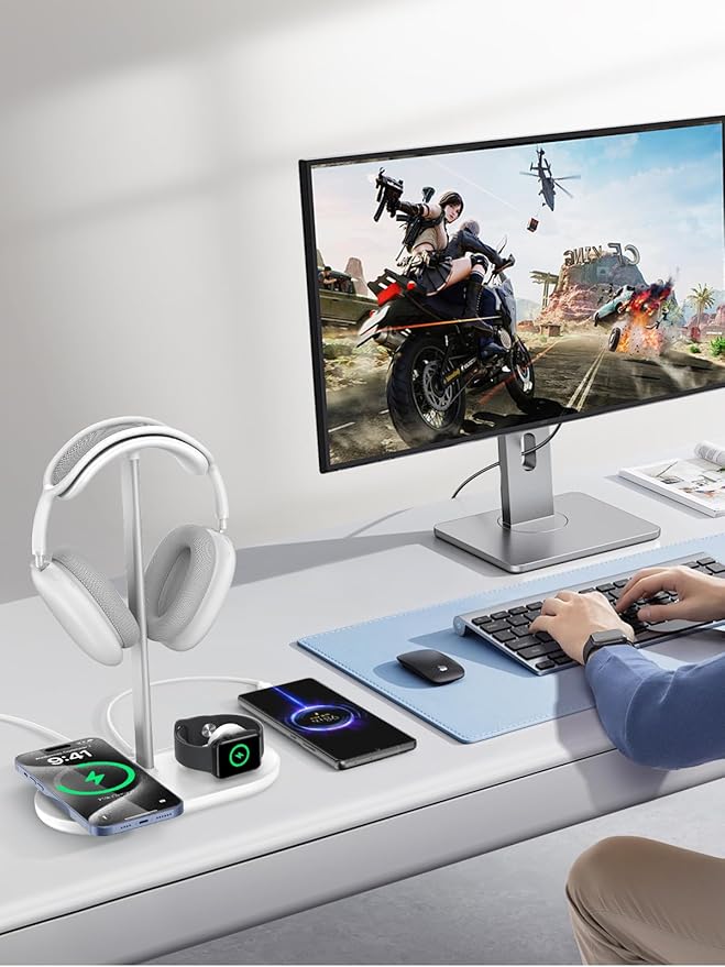 TopMade 5-in-1 Headphone Stand with Wireless Charger – Cream White, 15W Fast Charging for iPhone, Apple Watch, AirPods & Universal Headset Holder