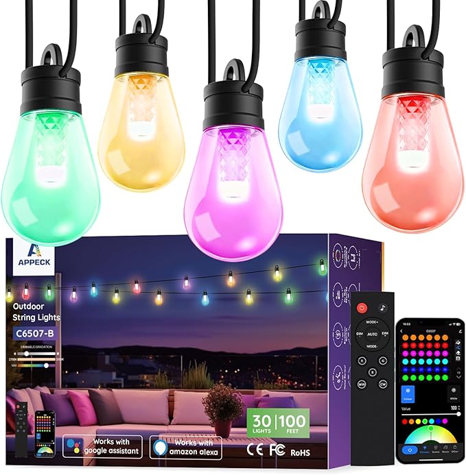 APPECK Smart Outdoor String Lights, 100ft Smart RGBW Outdoor Patio Lights with 30 LED Bulbs, Extendable, 111 Scene Modes, IP65 Waterproof Lighting for Outside, Halloween Decor, Compatible with Alexa