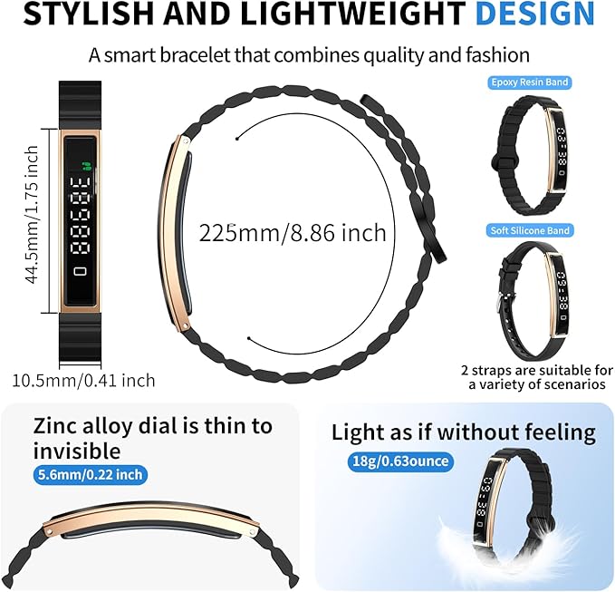 Lightweight Smart Bracelet for Women Men, Step Tracker Watch Wristband With 24/7 Heart Rate Sleep Monitor, 12 Sport Modes Fitness Trackers, Waterproof Health Band Fits Android IOS (Black+Black)